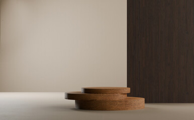 Wooden platforms arranged in a minimalist indoor space showcasing simple geometric design and neutral tones. 3d render