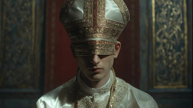 young priest wearing hat down cover his eyes as a mask  at ancient old church