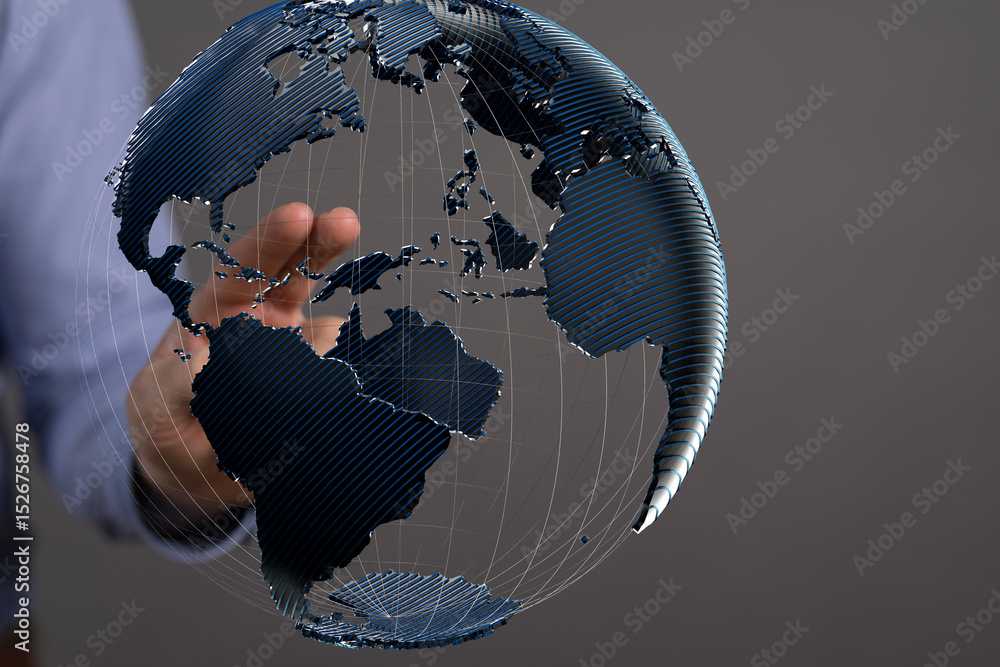 Fototapete Abstract image of a hand interacting with a digital globe, representing global connectivity and networking.