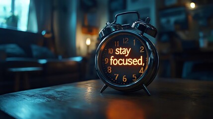 An alarm clock with 'stay focused' on its face, set on a table in a cozy room.