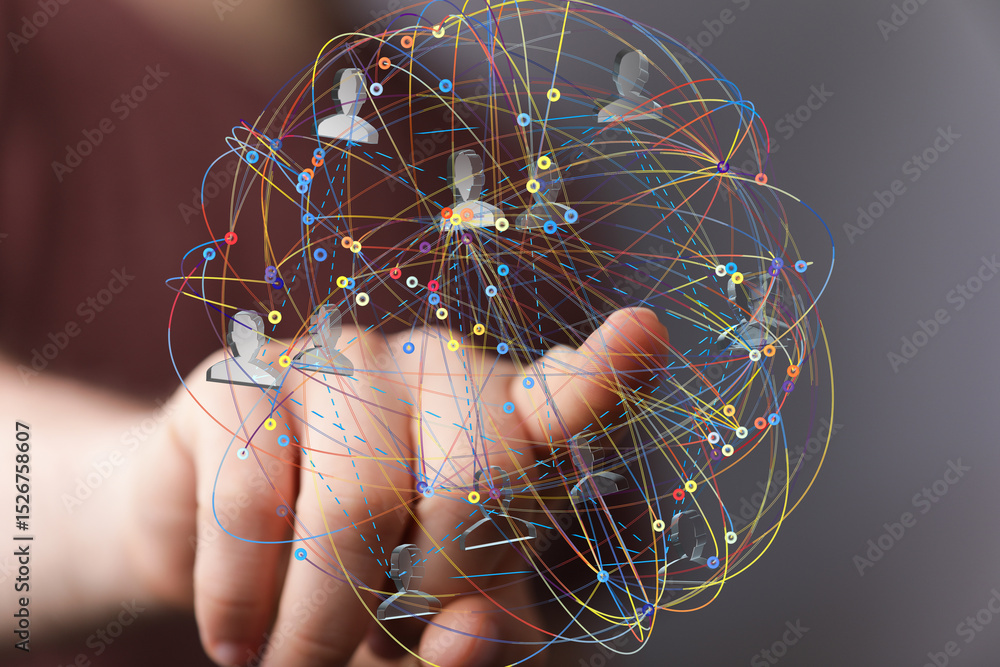 Poster image of a hand interacting with a digital network, showing global connections and communication.