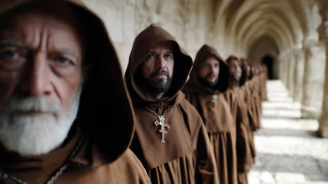 group of ancient priest in brown robe  at elegance castle passage