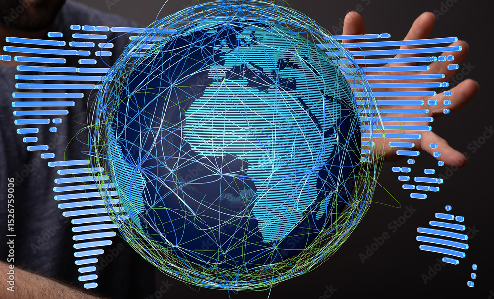 Aufkleber Hand interacting with a digital globe, illustrating global connectivity and data exchange.