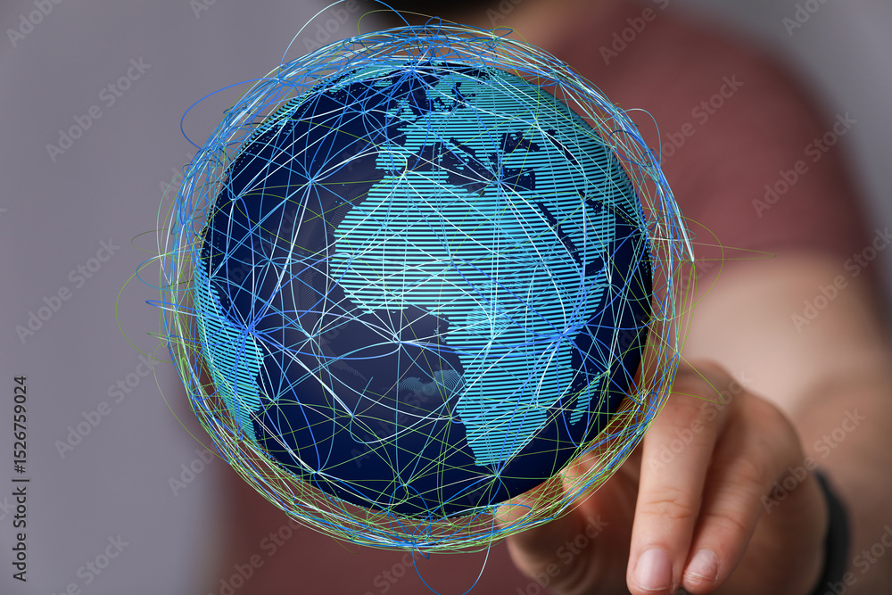 Poster A person interacts with a digital globe, showcasing global connectivity and data flow.