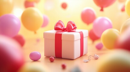 3D festive composition with gift box and floating confetti
