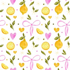 Seamless pattern with lemons, green leaves, cute flowers, pink bows and hearts. Watercolor background with citrus fruits. Great for textiles, wrapping paper, summer design.