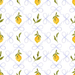 Seamless pattern with lemons, green leaves and cute blue  bows . Watercolor background with citrus fruits. Great for textiles, fabric, wrapping paper, summer design, postcards.
