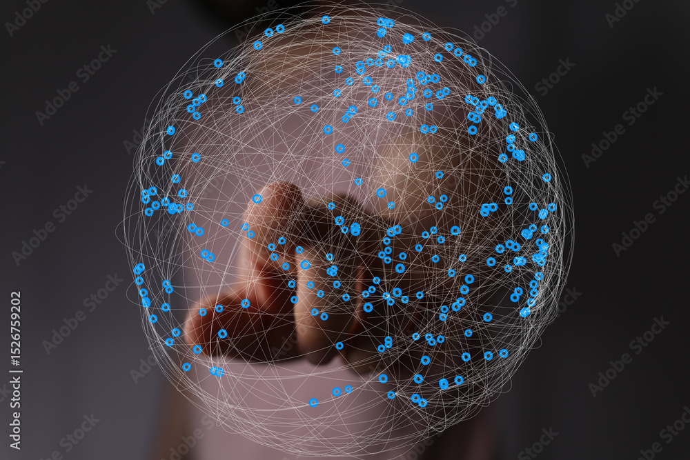 Aufkleber Abstract image of a hand interacting with a digital network sphere.  Global connection, technology, and networking concepts.