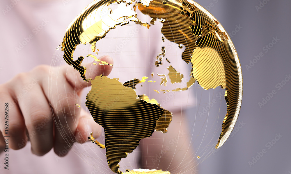 Poster Abstract image of a hand interacting with a golden globe, representing global connectivity and networking.