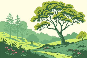 Vector Landscape Illustration of Scenic Green Hills with Trees &ndash; Flat Style Nature Artwork