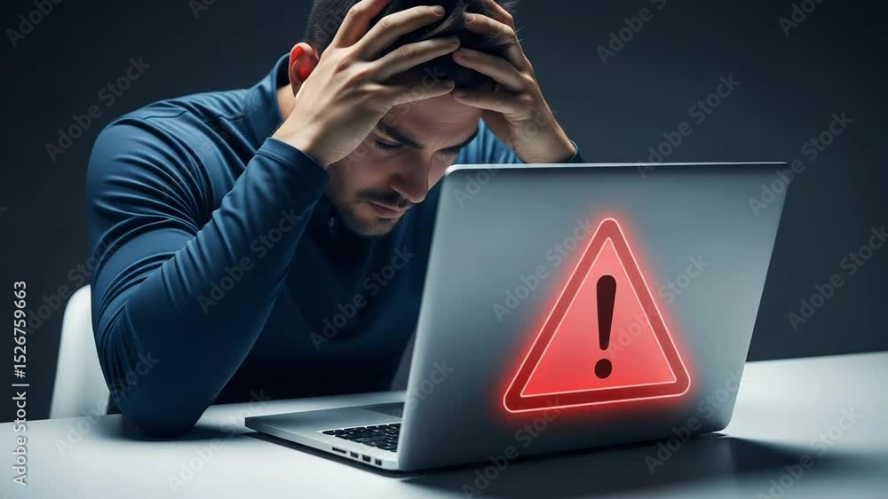 Leinwandbilder man with hands on head looking at laptop displaying red warning sign on a white table top