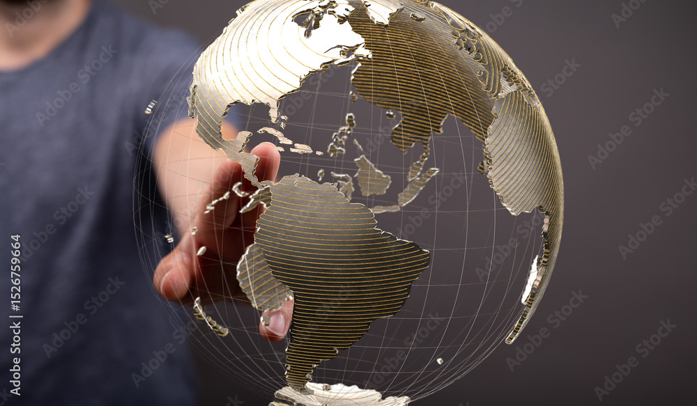 Aufkleber High-quality image of a hand interacting with a transparent 3D model of the Earth, representing global connection and networking.