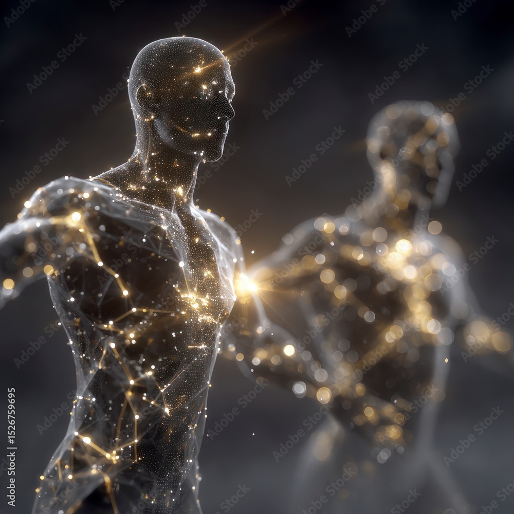 Poster glowing humanoid figures abstract network connection digital technology concept