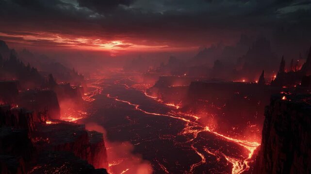 hellish landscape burning lava flow over black mountain range 