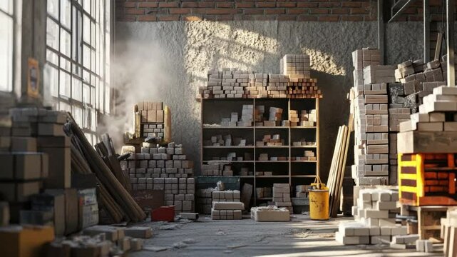 Empty industrial warehouse interior with shelves, stacks of boxes, and sunlight casting shadows on the floor 4k video footage
