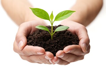 Hands holding young plant in soil, isolated on white background