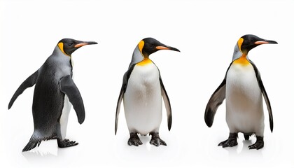 Three Majestic King Penguins Posing, Antarctic Wildlife, White Background