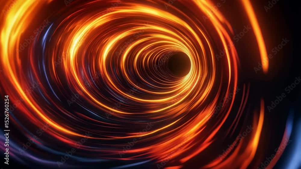 Poster swirling abstract digital tunnel with red, orange and blue glowing light trails for high tech backgr