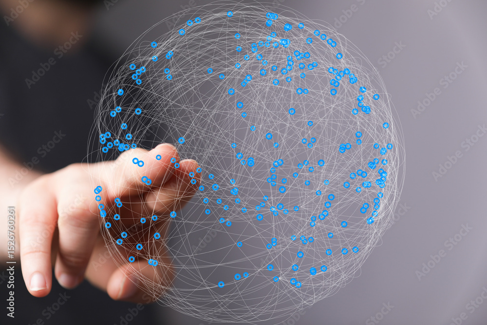 Aufkleber Abstract image depicting a hand interacting with a digital sphere representing global network connections.