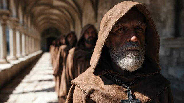group of ancient priest in brown robe walking at elegance castle passage 