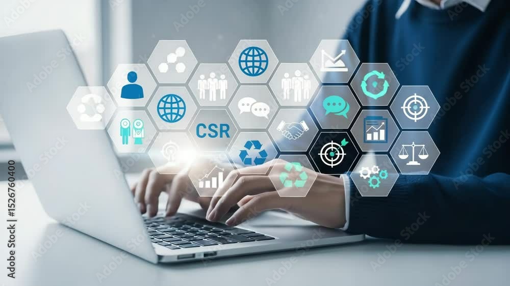Aufkleber person typing on a laptop with csr and business icons displayed above the keyboard on a bright desk