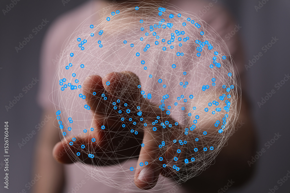 Poster Abstract image of a hand interacting with a digital global network.  Perfect for technology, connection, and globalization concepts.