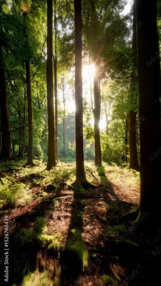 Poster sunlight filters through tall trees in a lush green forest, creating long shadows and illuminating m