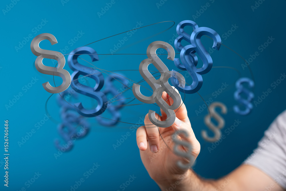 Poster abstract image of a hand interacting with floating paragraph symbols, representing legal concepts.