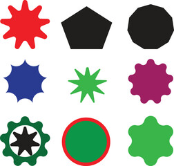 A collection of various shapes and colors, including stars, circles, and irregular polygons