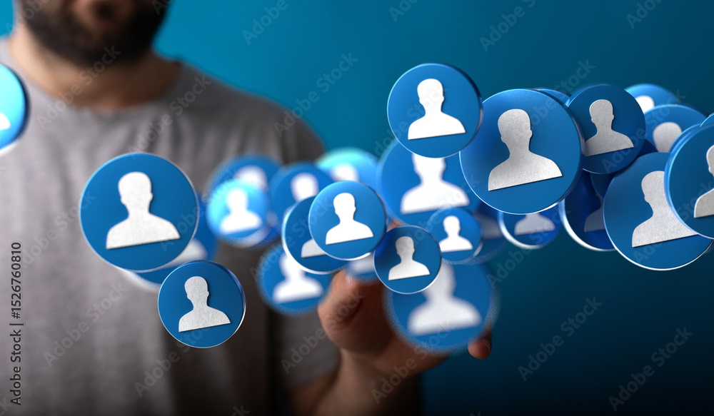 Poster Abstract image of a man interacting with floating social media profile icons.  Concept for networking, connections, community.