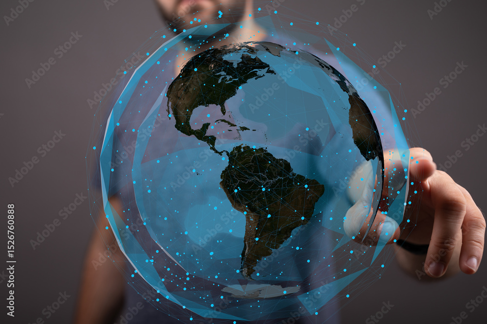 Poster Abstract image of a person interacting with a digital Earth globe, representing global connectivity and networking.