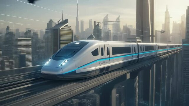 Modern high-speed train travels on elevated railway through futuristic city, concept of advanced public transport