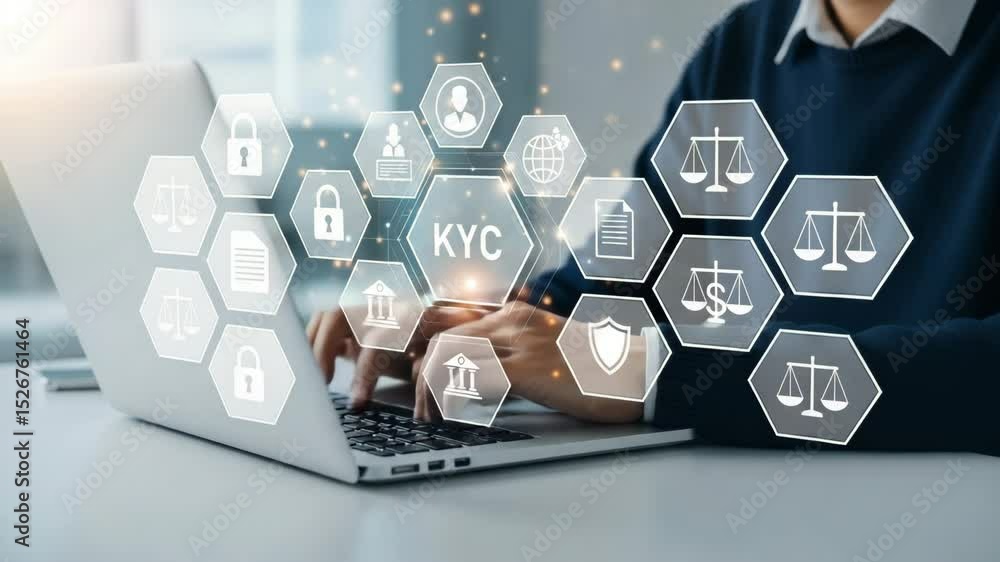 Poster Person using laptop with kyc icons floating above keyboard in a digital interface concept image