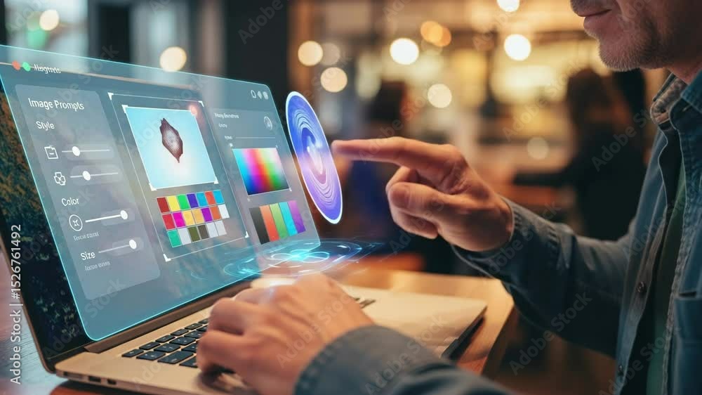 Poster Man using laptop with image editing software interface in a cafe setting with blurred background