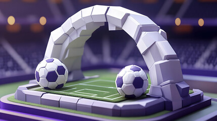 Low Poly Soccer Balls Under Stone Arch in Stadium