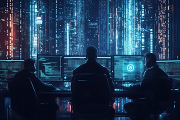 anonymous clandestine cyber people surrounded by modern technolgy with glowing data