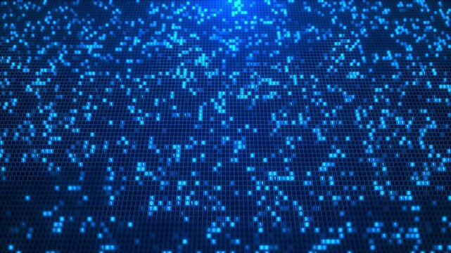 Big data digital binary code running through black blue mainframe in a futuristic information technology computer. big data. Transfer and storage of data sets , block chain, server, hi-speed internet