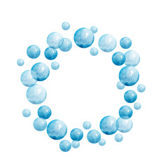 Round frame of watercolor blue bubbles. For decoration, design, soap, shampoo, cosmetics, postcards, packaging, design. Isolated on white background.