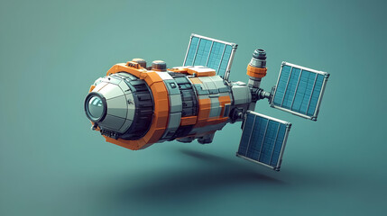 Low Poly Voxel Satellite in Teal Space