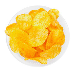 Tasty ridged chips in bowl isolated on white, top view