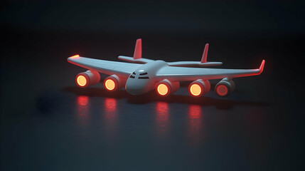 Low-poly White Airplane with Red Lights on Dark Background