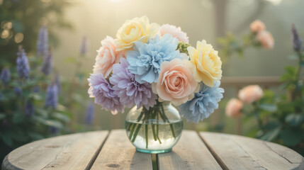 Beautiful bouquet of pastel roses and flowers in glass vase, set on wooden table in serene garden. soft sunlight creates warm atmosphere