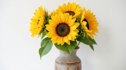 Obraz premium Bright sunflowers in rustic vase create cheerful and vibrant atmosphere, perfect for home decor or gift