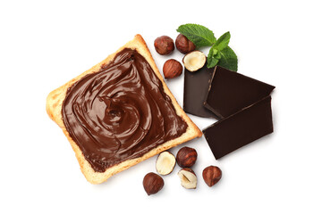 Toast with chocolate hazelnut spread, nuts, pieces of chocolate and mint isolated on white, top view