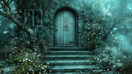Mysterious teal doorway entrance to a mystical garden.