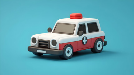 Lowpoly 3D Render of a White and Red Ambulance on Blue Background