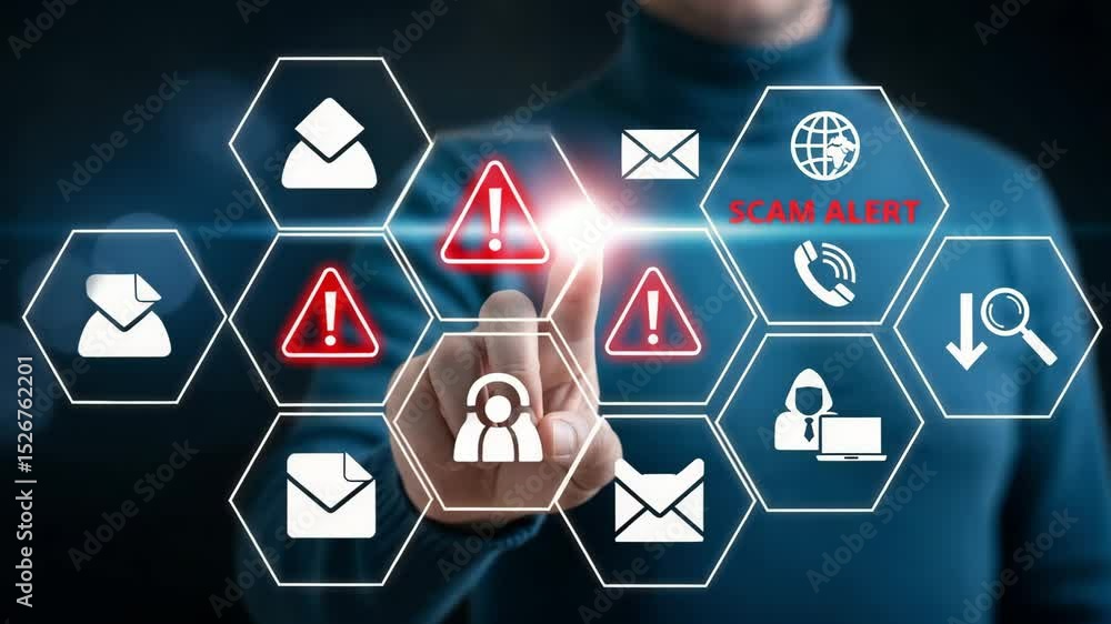 Poster person touching scam alert icon with warning sign and email symbol on a digital interface screen