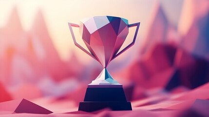 Lowpoly Silver Trophy Against Pink Sunset Mountains