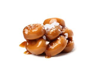 Tasty sweet candies, salt and caramel sauce isolated on white