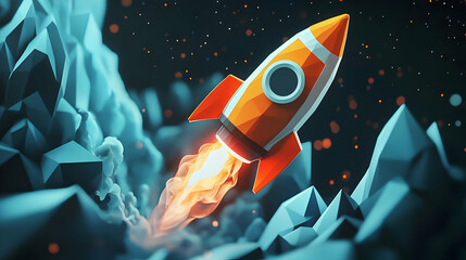Lowpoly Rocket Launching Through Crystal Mountains